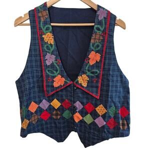 Vintage 90s Handmade Vest Women Large Blue Button Plaid Fall Preppy Granny Retro